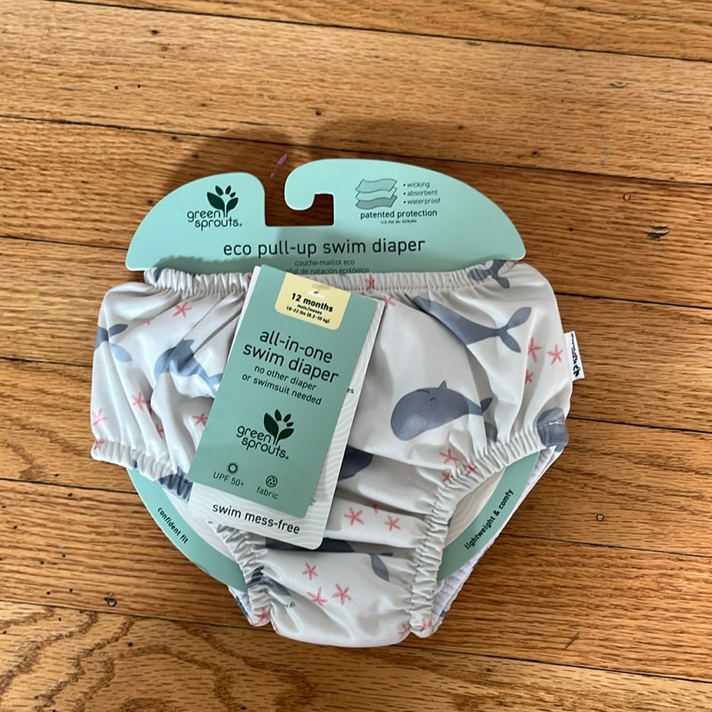 Green Sprouts Pull-Up Swim Diaper - White and Gray nwt  12 months